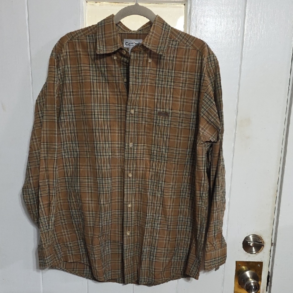 Carhartt Mens‎ Shirt Longsleeve Button Down Golden Caramel Brown Plaid Sz M EUC